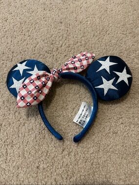 Disney Patriotic Star Minnie Ear Headband with Checkered Bow NWOT